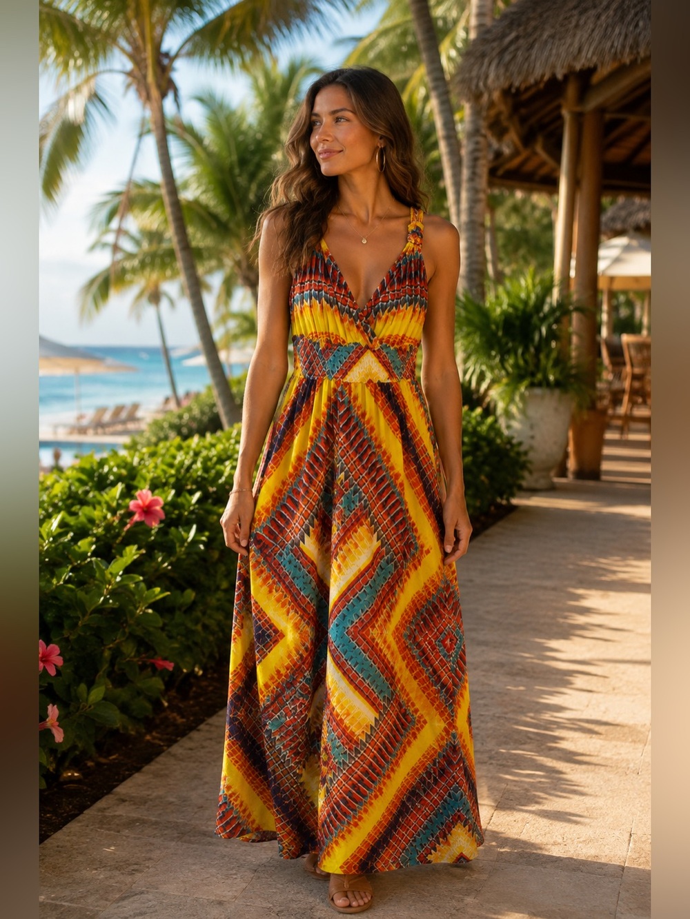 Beige by ECI Vibrant Multicolor Geometric Chevron Smocked V-Neck Maxi Dress | 10